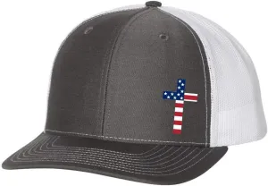 Men's Christian American Flag Filled Cross Jesus Patriotic Embroidered Mesh Back Trucker Hat