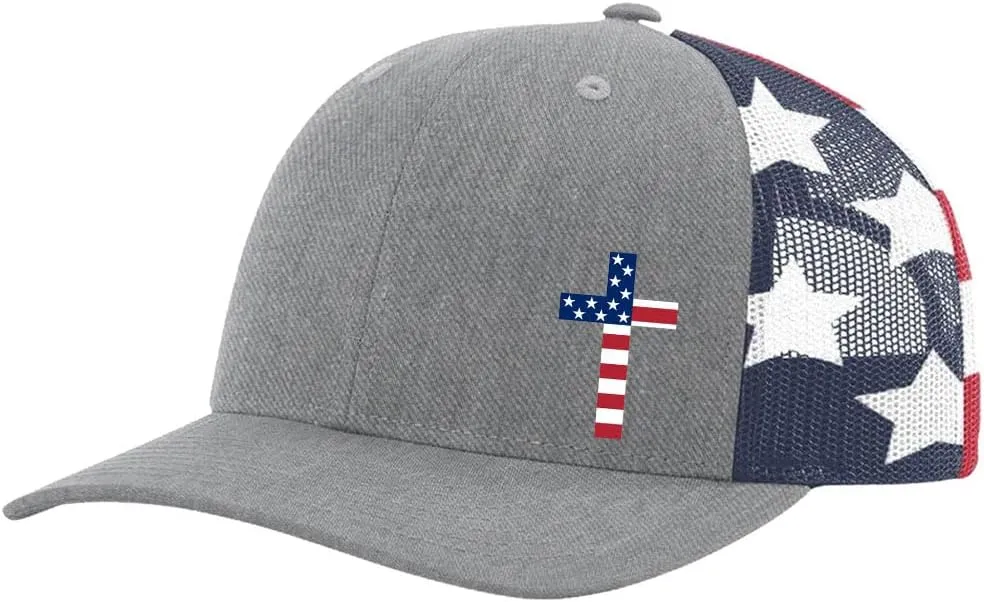 Men's Christian American Flag Filled Cross Jesus Patriotic Embroidered Mesh Back Trucker Hat