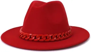 New Women Hats Winter Autumn Wool Fedora Hat with Thick Chain Band for Wedding Party Church Hats in Candy Colour Fengyan Cowboy Hats (Color : Rose Red, Size : 56-58CM)