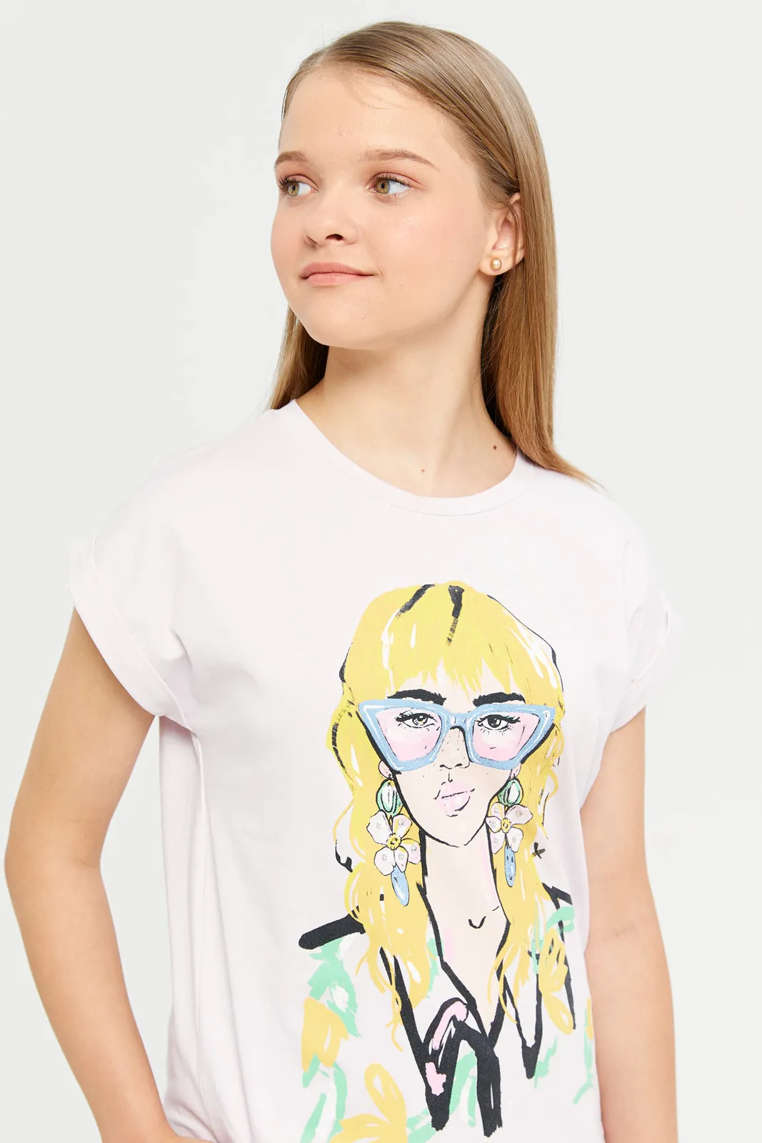 Senior Girls Lilac Extended Sleeve Girly Print T-Shirt