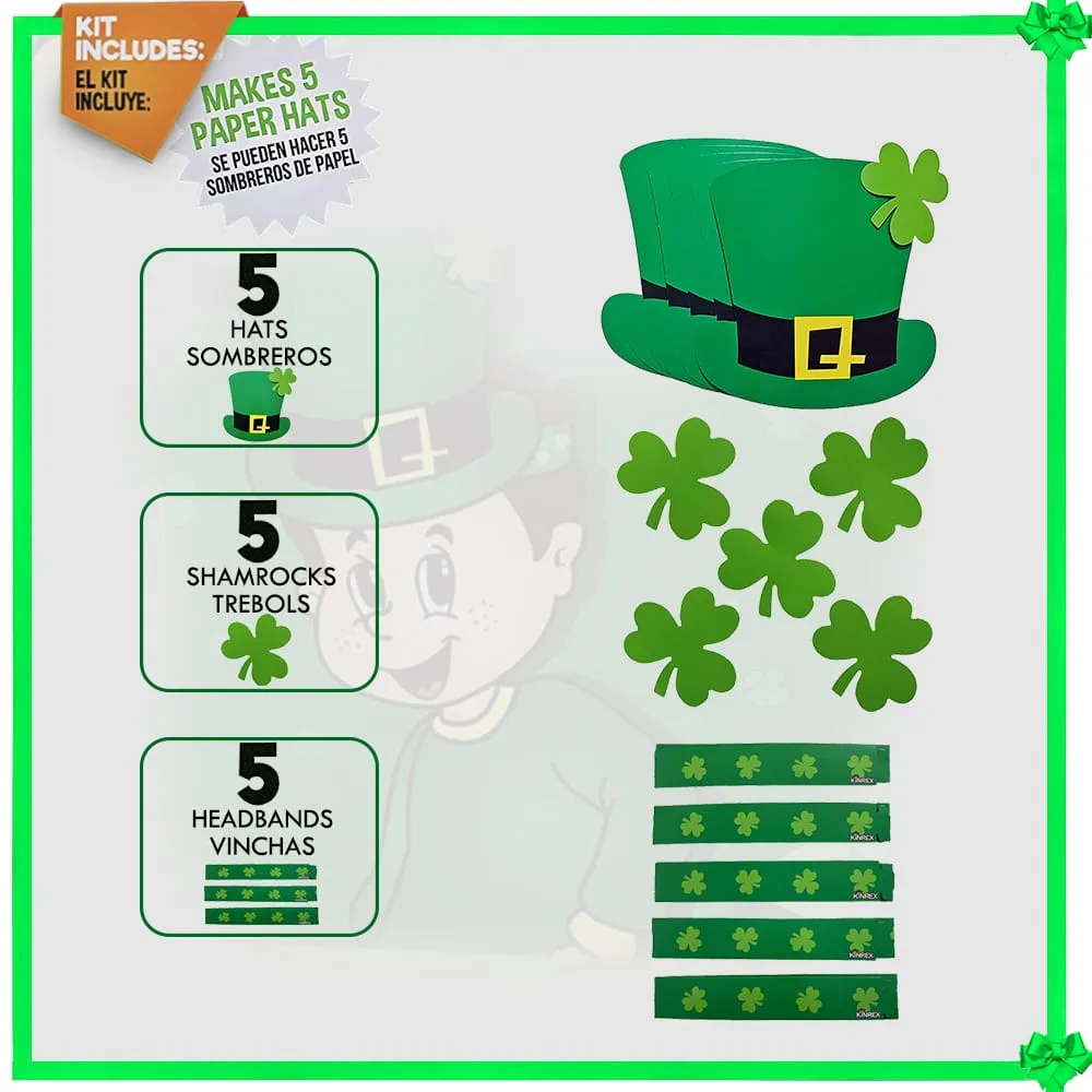 St. Patricks Day Craft Kit - 5 Irish Hats - 5 Shamrocks - 5 Headbands