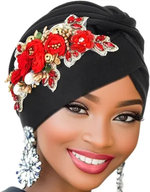 Urieo Women Turban Flower Caps Black African Cap Headwrap Pleated Beanie Head Wrap Outdoors Party Church