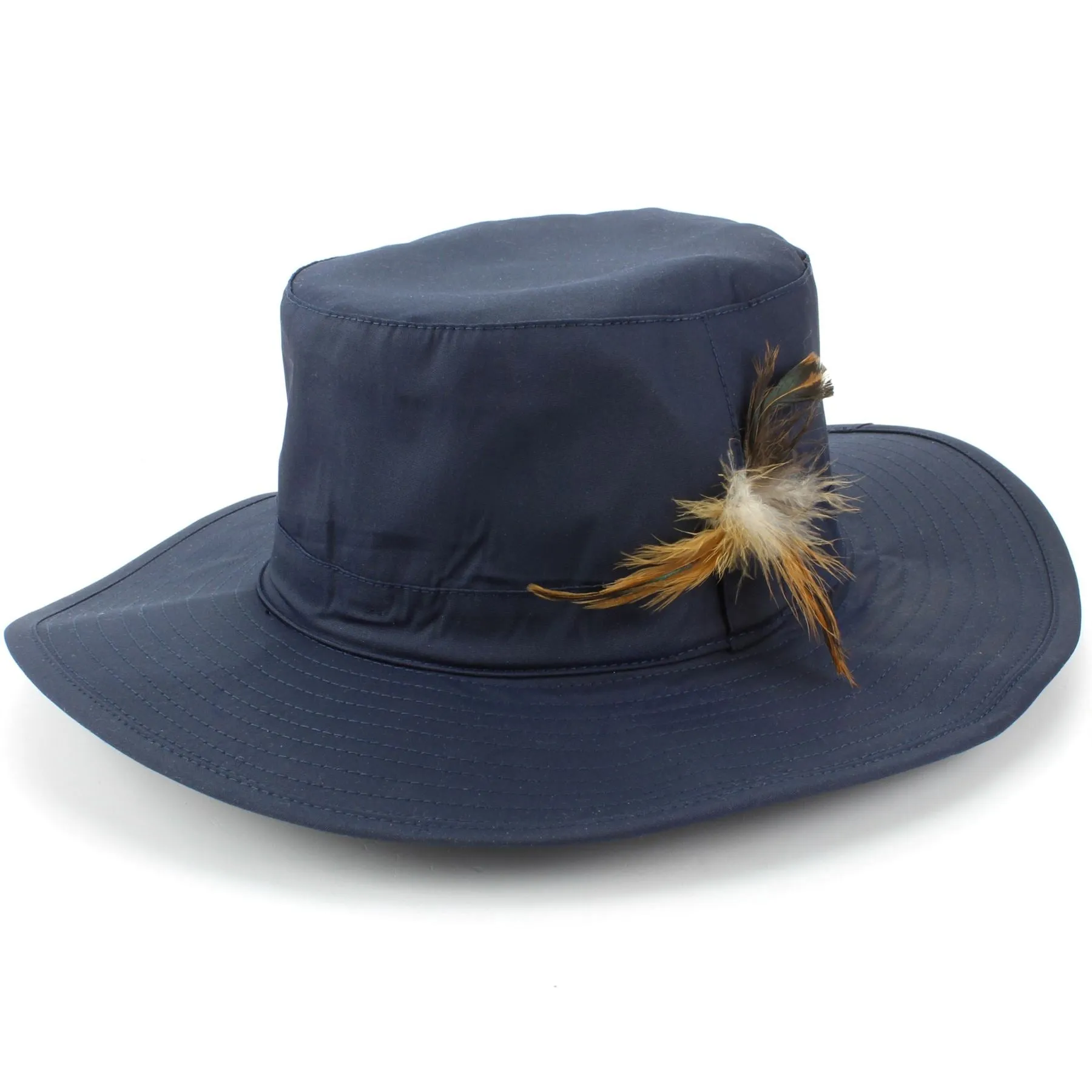 Wide Brim Outback Style Cotton Bush Hat with Feather - Blue