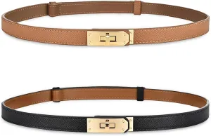 Women's Skinny Leather Belt with Adjustable Silver Turn-Lock Buckle - Ideal for Dresses, Jeans, and Coats, Black